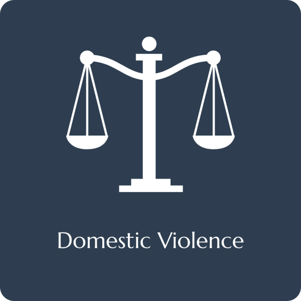 Justice scales with Domestic Violence text
