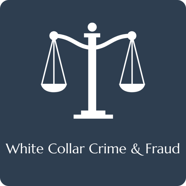 Justice scales with White Collar Crime and Fraud text